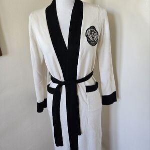 Vintage Cotton Knit White and Black Belted Robe with Embroidered Patch